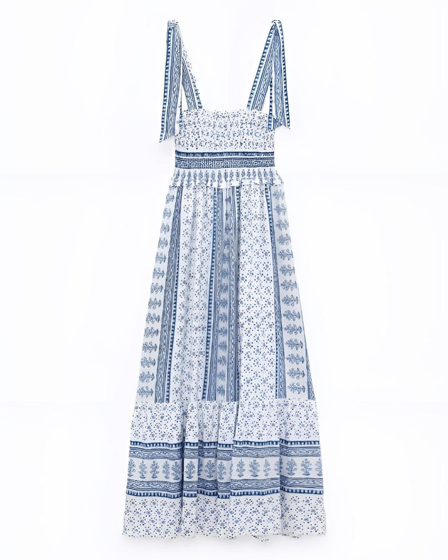 Helga Baskılı Büzgülü Askılı Midi Elbise