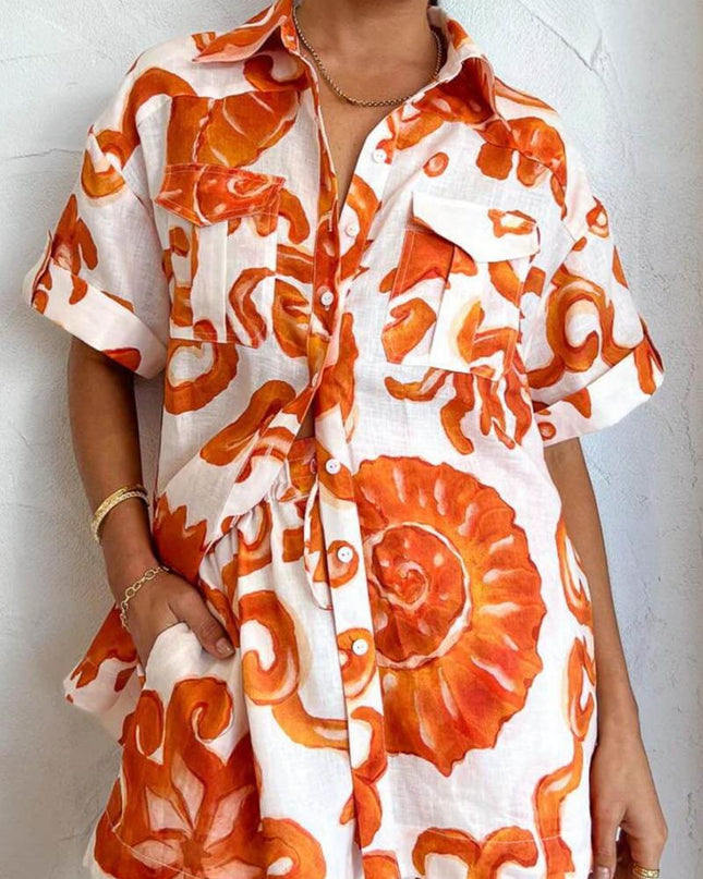 Benzersiz Baskılı Şort Yaka Bol Gömlek Takımı