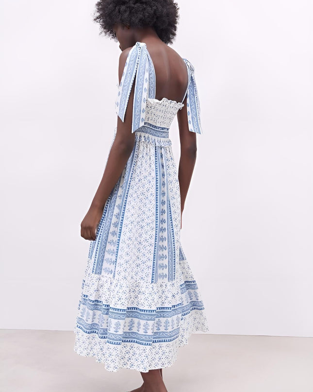 Helga Baskılı Büzgülü Askılı Midi Elbise