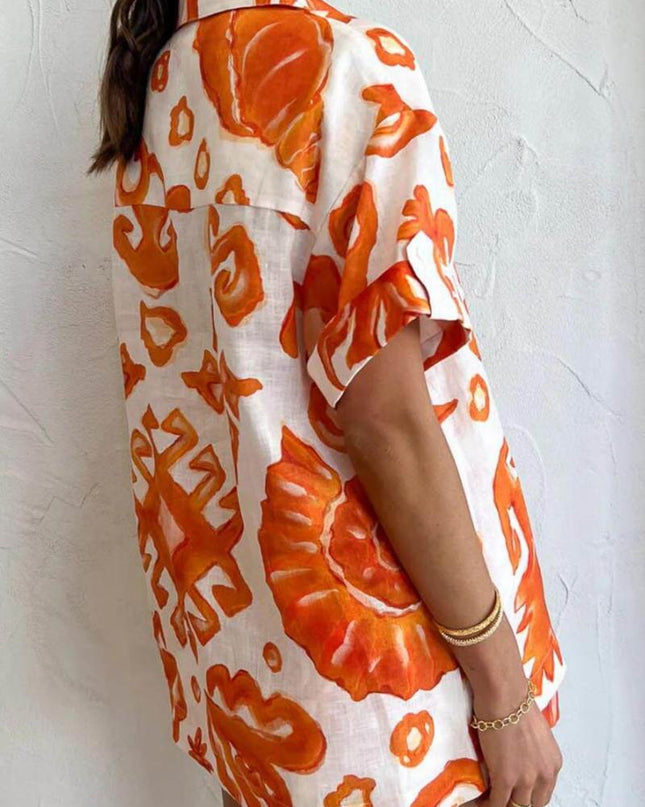 Benzersiz Baskılı Şort Yaka Bol Gömlek Takımı