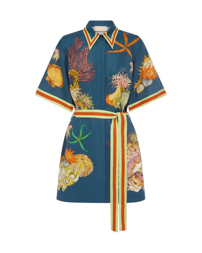 Mareblu Kuşaklı Deniz Desenli Gömlek Elbise