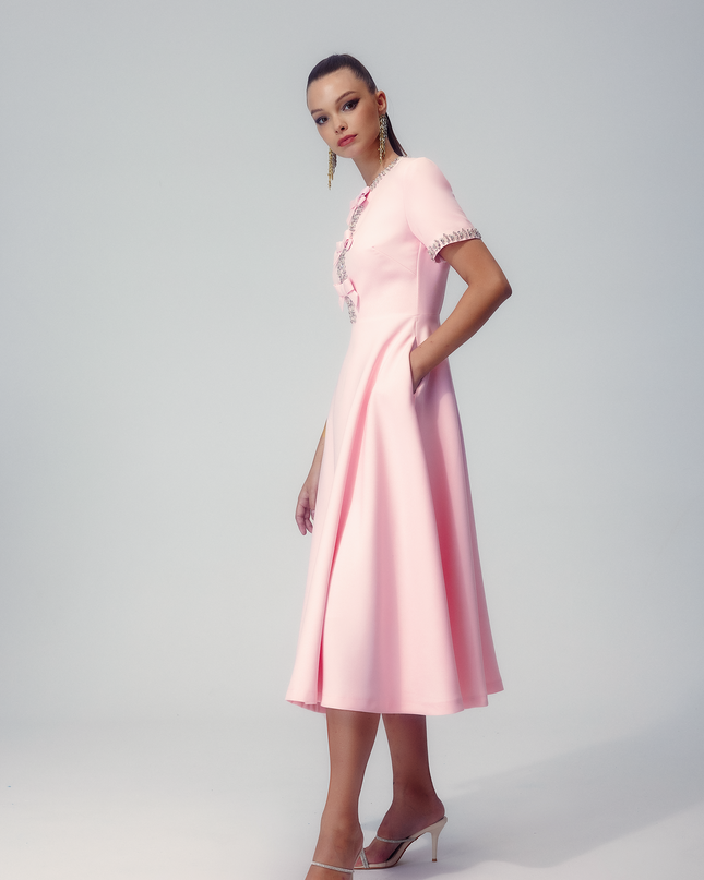 Zoe Fiyonklu Kristal İşlemeli Midi Elbise