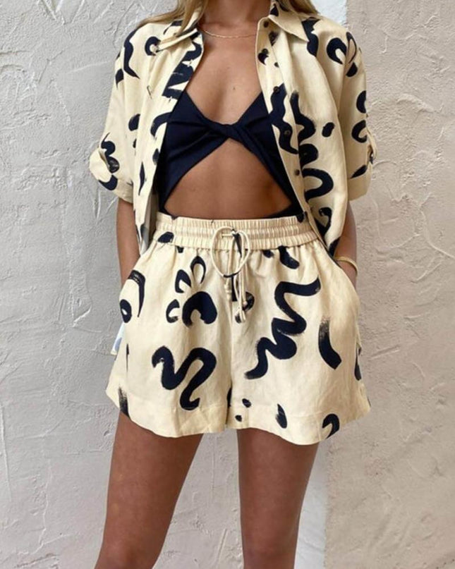 Benzersiz Sıcak Güneş Baskılı Gevşek Gömlek Şort Takımı