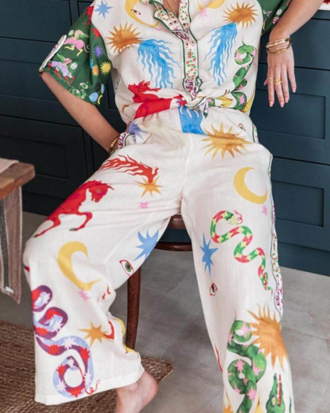 Benzersiz Baskı Kısa Kollu Bol Gömlek ve Elastik Bel Pantolon Takımı