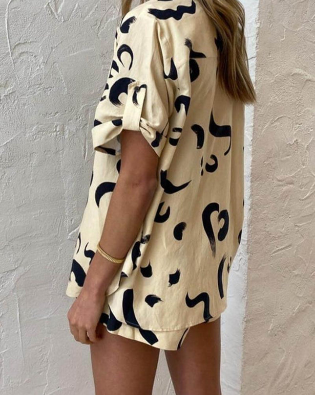 Benzersiz Sıcak Güneş Baskılı Gevşek Gömlek Şort Takımı