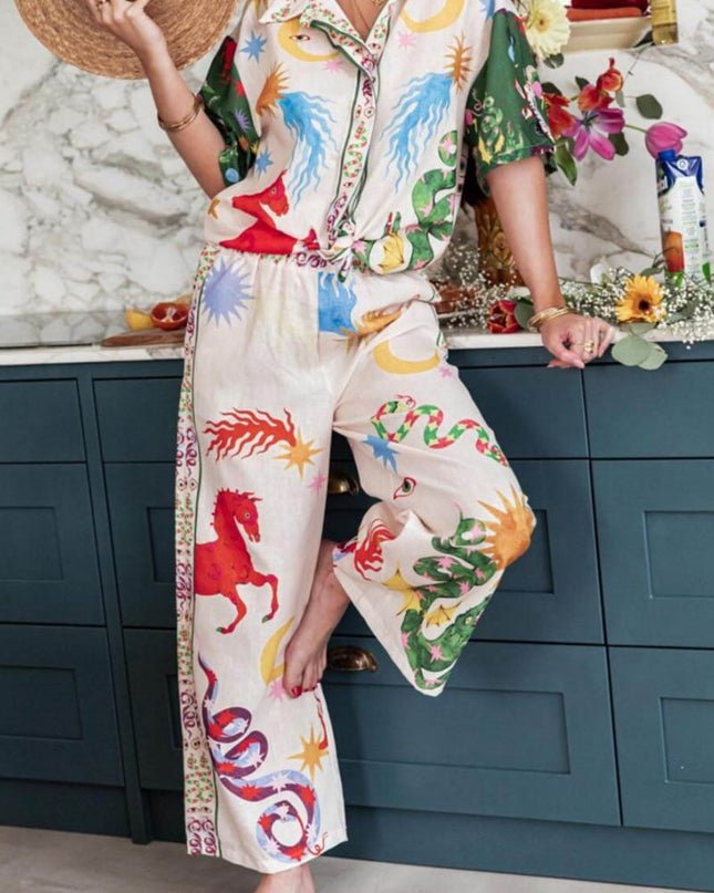 Benzersiz Baskı Kısa Kollu Bol Gömlek ve Elastik Bel Pantolon Takımı