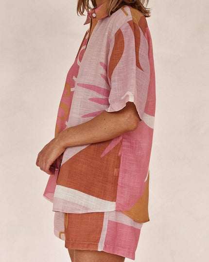 Parlak Güneş Bol Baskılı Tatil Gömlek Şort Takım