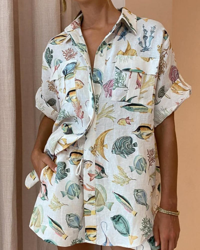 Kişiye Özel Balık Desenli Tatil Kısa Kollu Gömlek Batik Şort Takım