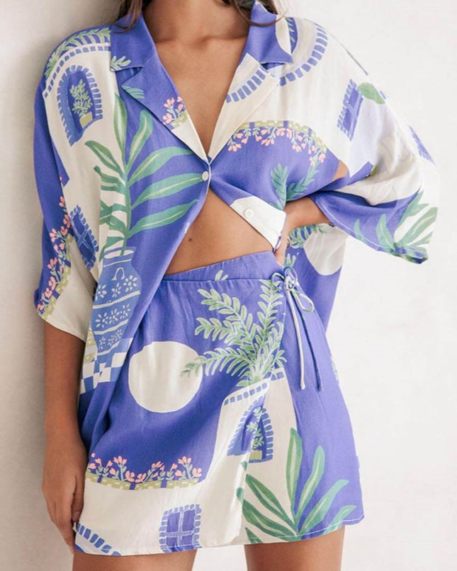 Botanik Baskı Gömlek ve  Bağcıklı Etek Seti