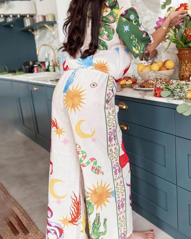 Benzersiz Baskı Kısa Kollu Bol Gömlek ve Elastik Bel Pantolon Takımı