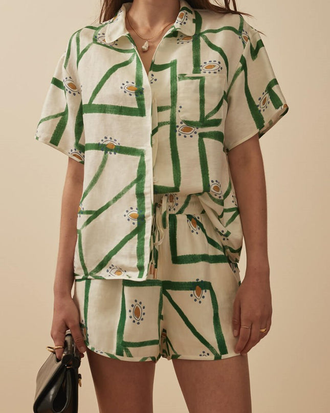 Benzersiz Narin Baskılı Gevşek Düğmeli Üst Şort Takım