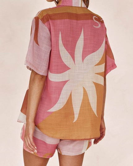 Parlak Güneş Bol Baskılı Tatil Gömlek Şort Takım