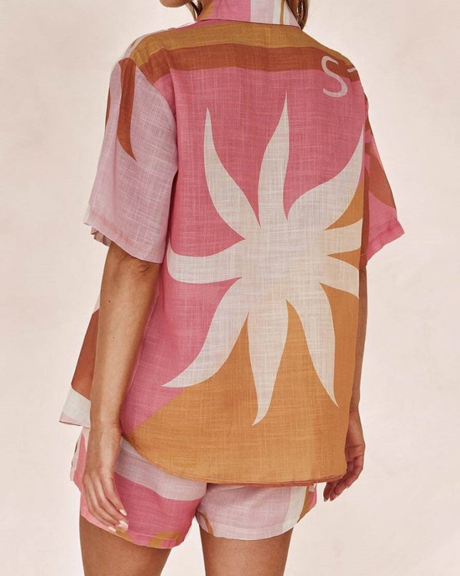 Parlak Güneş Bol Baskılı Tatil Gömlek Şort Takım