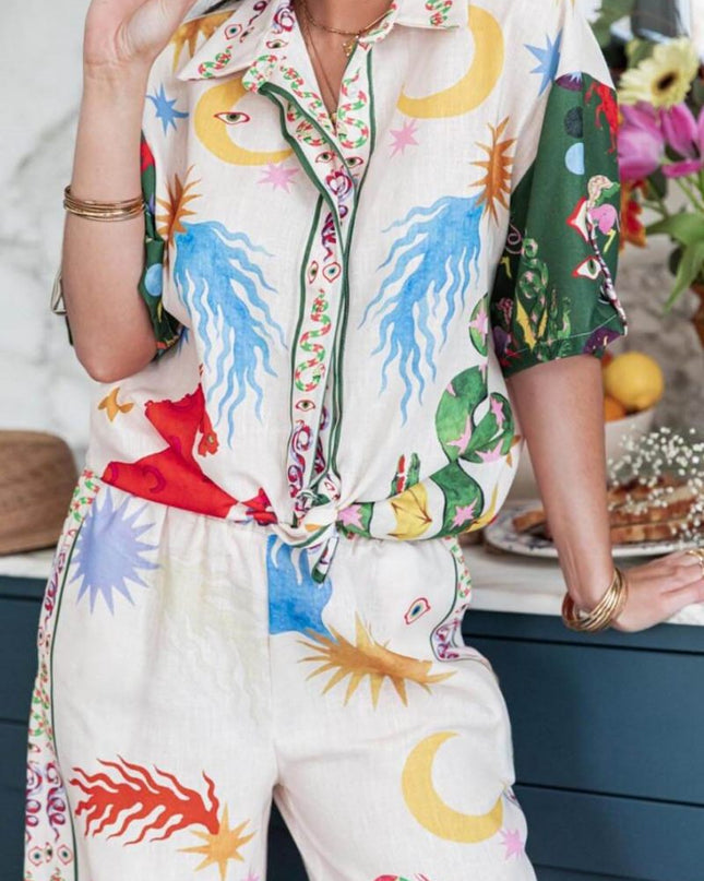 Benzersiz Baskı Kısa Kollu Bol Gömlek ve Elastik Bel Pantolon Takımı