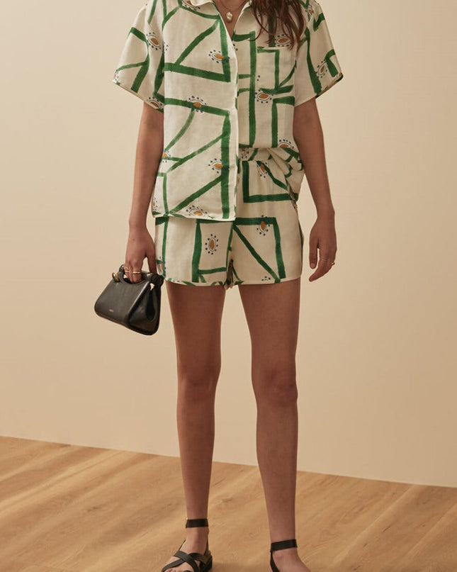 Benzersiz Narin Baskılı Gevşek Düğmeli Üst Şort Takım