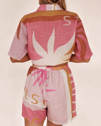 Parlak Güneş Bol Baskılı Tatil Gömlek Şort Takım