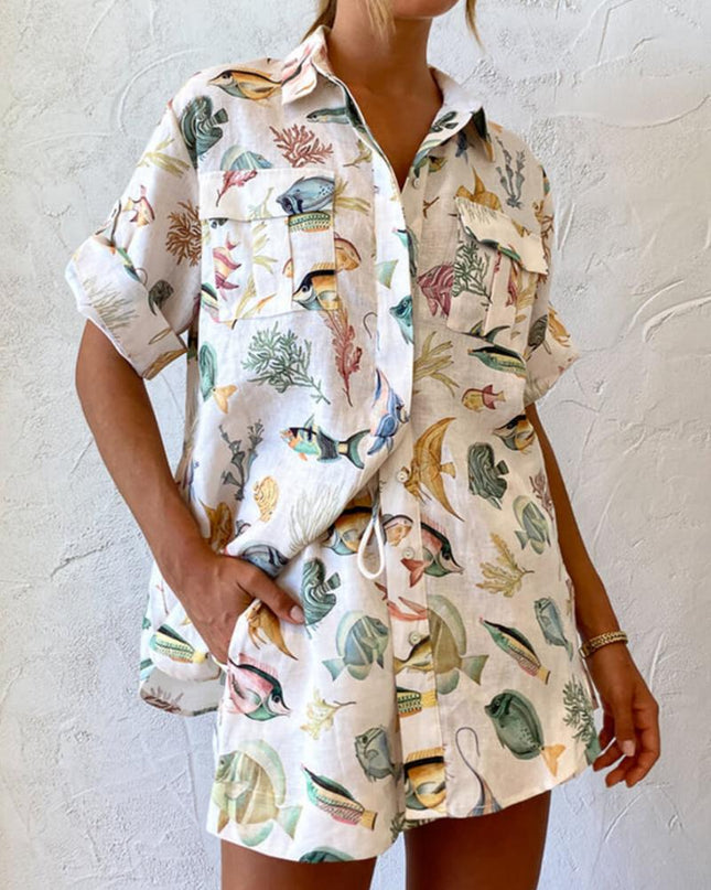 Kişiye Özel Balık Desenli Tatil Kısa Kollu Gömlek Batik Şort Takım