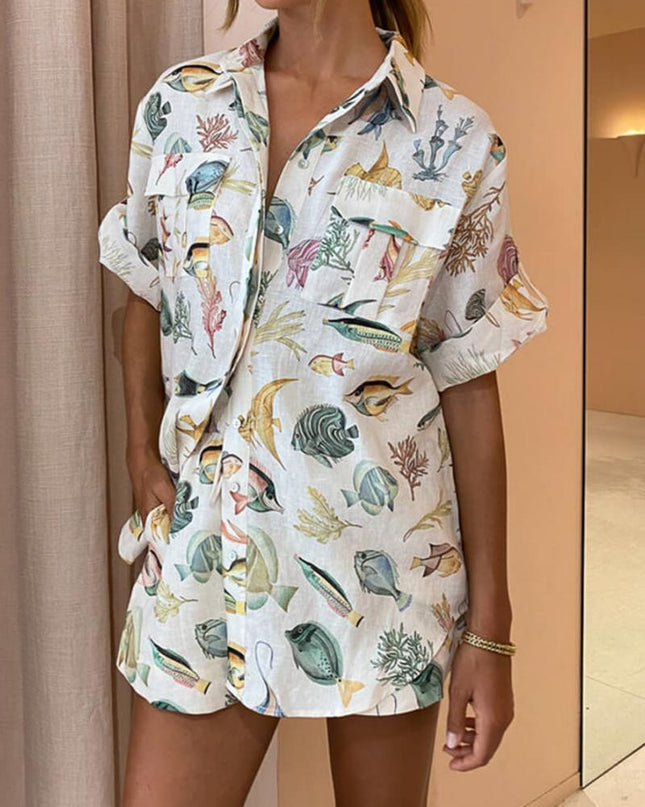Kişiye Özel Balık Desenli Tatil Kısa Kollu Gömlek Batik Şort Takım