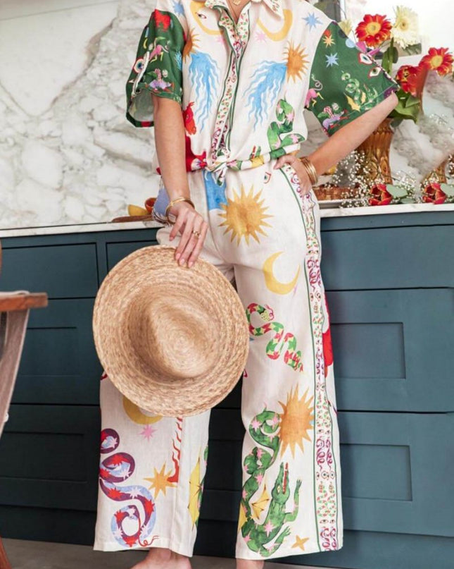 Benzersiz Baskı Kısa Kollu Bol Gömlek ve Elastik Bel Pantolon Takımı