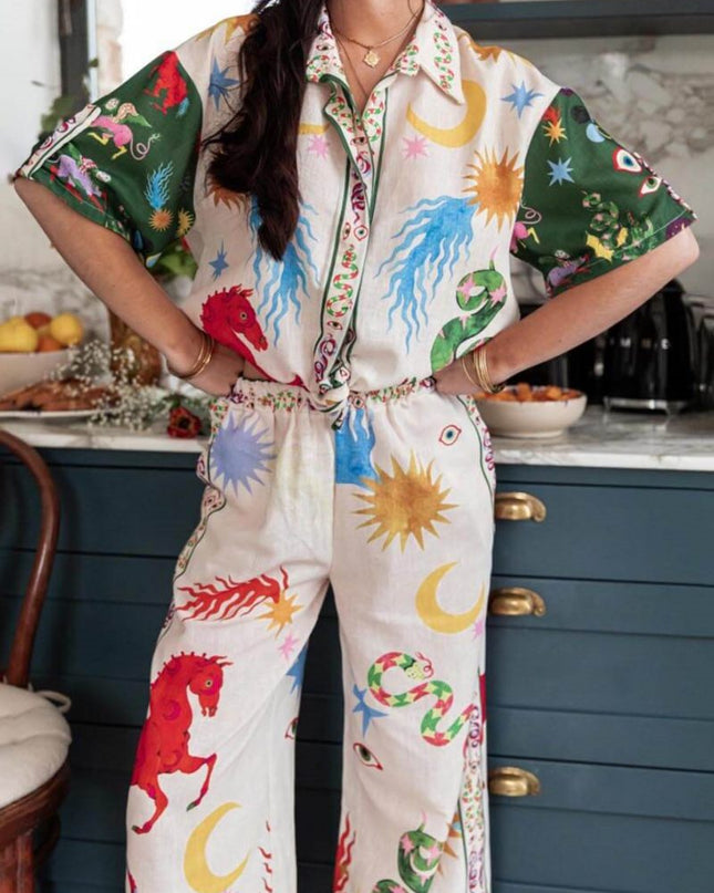 Benzersiz Baskı Kısa Kollu Bol Gömlek ve Elastik Bel Pantolon Takımı