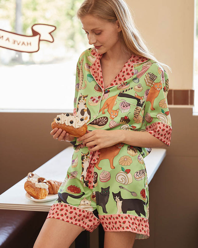 Kahve Kedi Şort Pijama Takımı