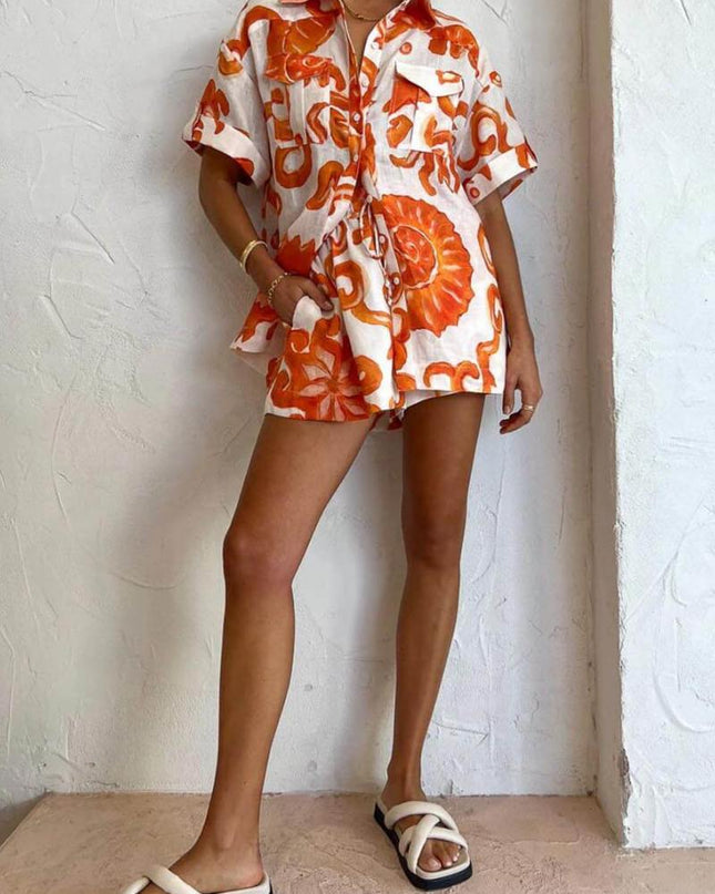 Benzersiz Baskılı Şort Yaka Bol Gömlek Takımı