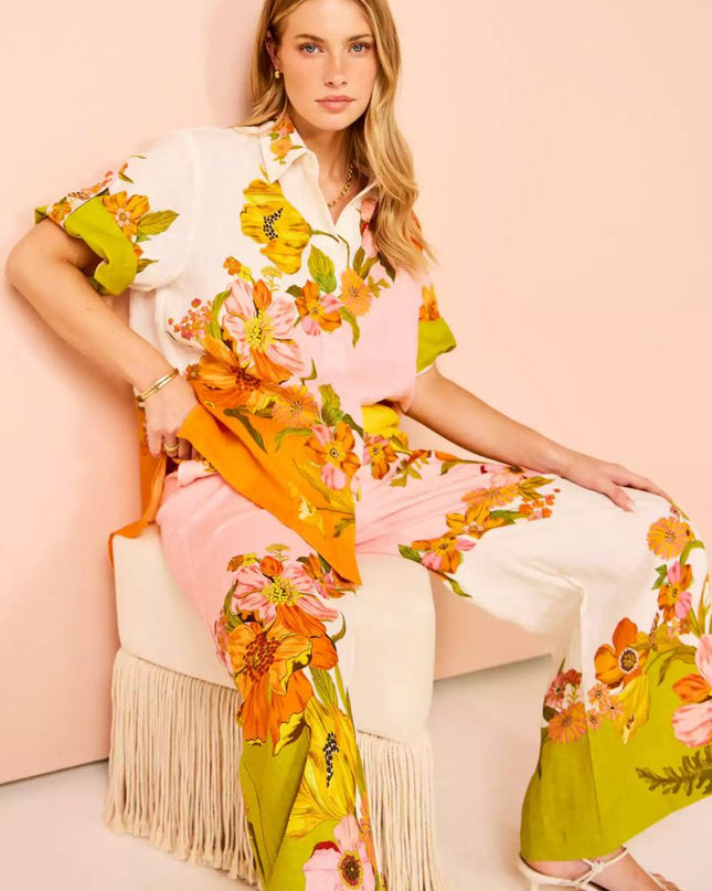 Benzersiz Baskı Beli Lastikli Cepli Geniş Paça Pantolon-Takım