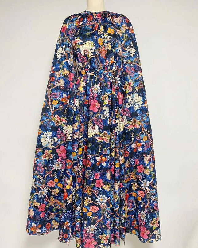 Nola Yuvarlak Yaka Pelerin Kollu Uzun Elbise