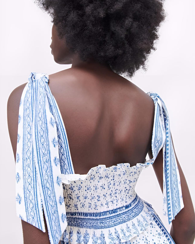 Helga Baskılı Büzgülü Askılı Midi Elbise