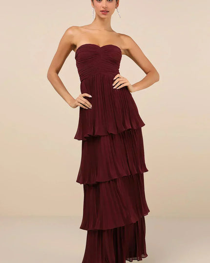 Bordo Bir Gece – Katmanlı Straplez Maxi Elbise