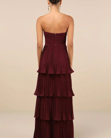 Bordo Bir Gece – Katmanlı Straplez Maxi Elbise