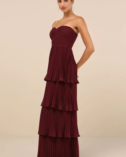 Bordo Bir Gece – Katmanlı Straplez Maxi Elbise