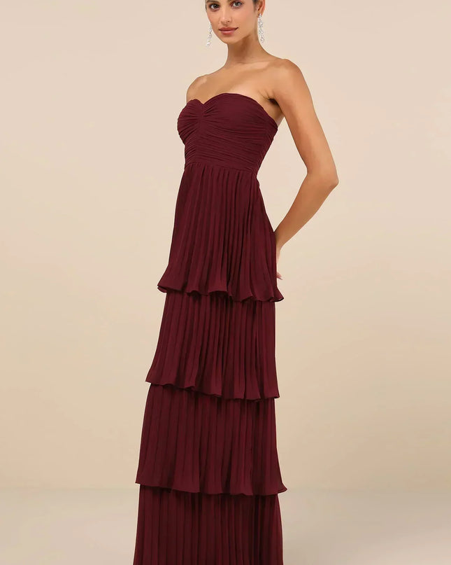 Bordo Bir Gece – Katmanlı Straplez Maxi Elbise
