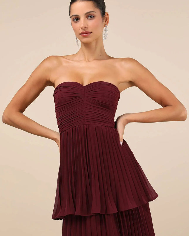 Erik Moru Straplez Katmanlı Uzun Elbise