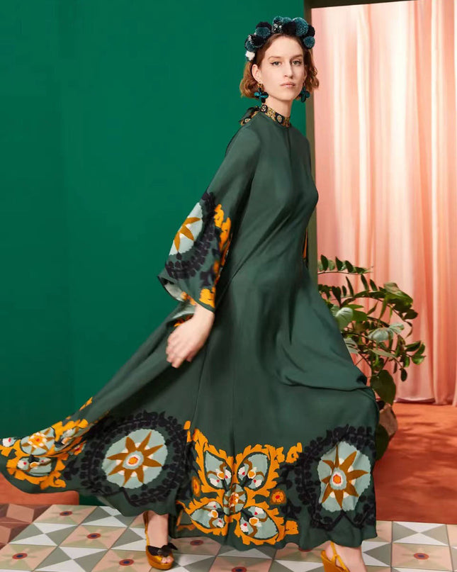 Magnifico Baskılı Maxi Elbise-Yeşil