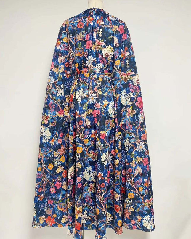 Nola Yuvarlak Yaka Pelerin Kollu Uzun Elbise