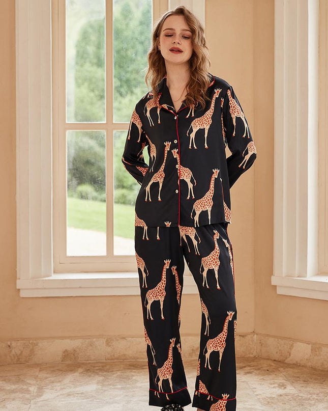 Siyah Zürafa Desenli Uzun Kollu Pijama Takımı
