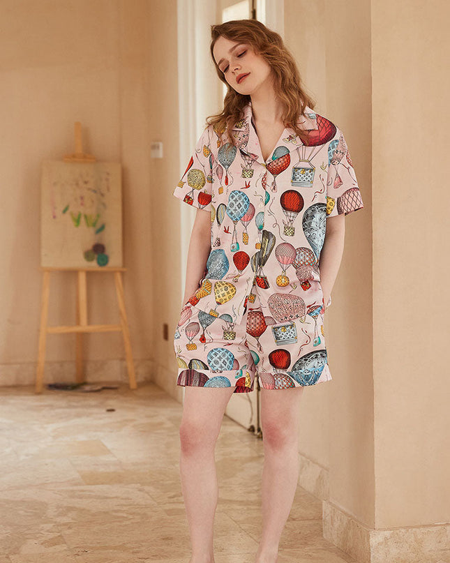Sıcak Hava Balonu Desenli Önü Açık Kısa Kollu Pijama Takımı