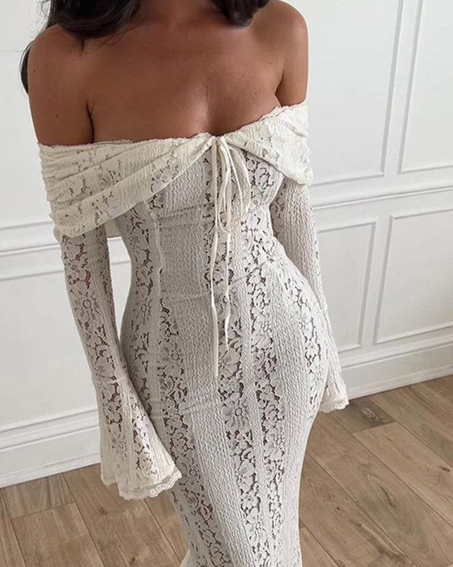 Dantel Fırfırlı Kol Off-Shoulder Elbise
