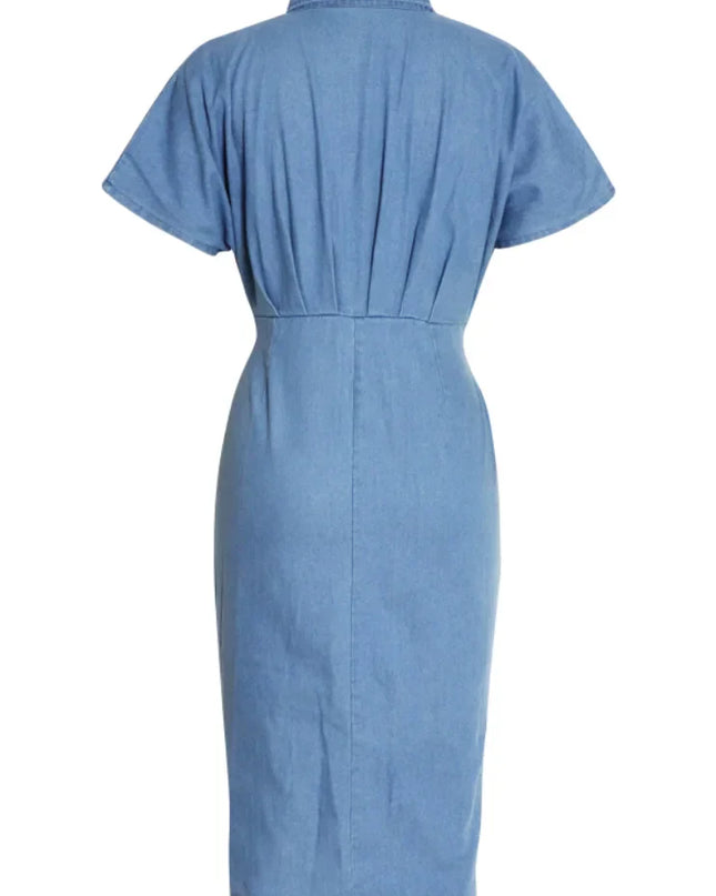 Gina Toplanmış Düğümlü Kot Midi Gömlek Elbise