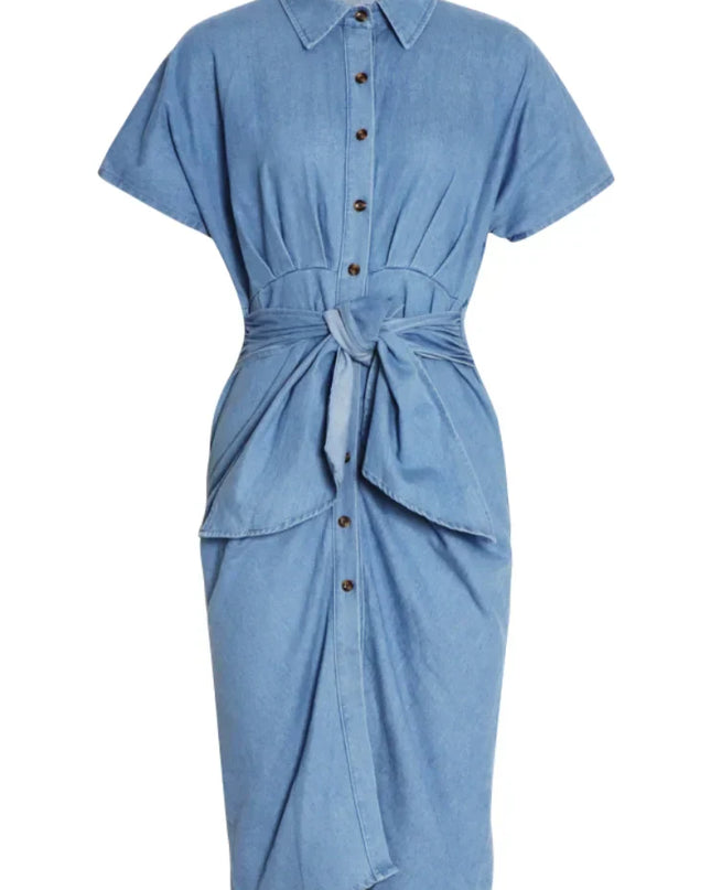 Gina Toplanmış Düğümlü Kot Midi Gömlek Elbise