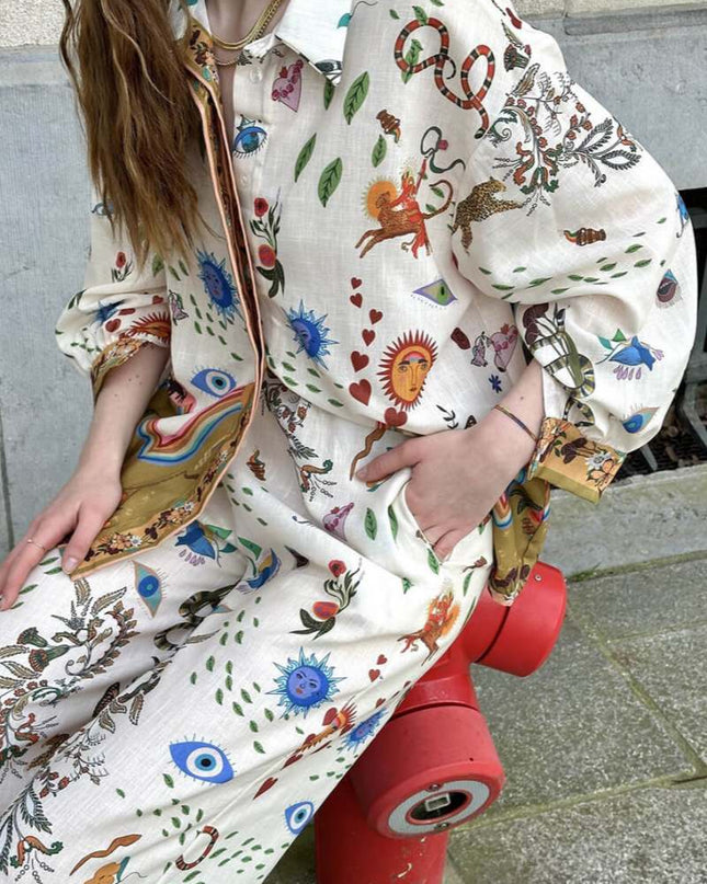 Öne Çıkan Etnik Desenli Bol Kesim Pantolon Takımı