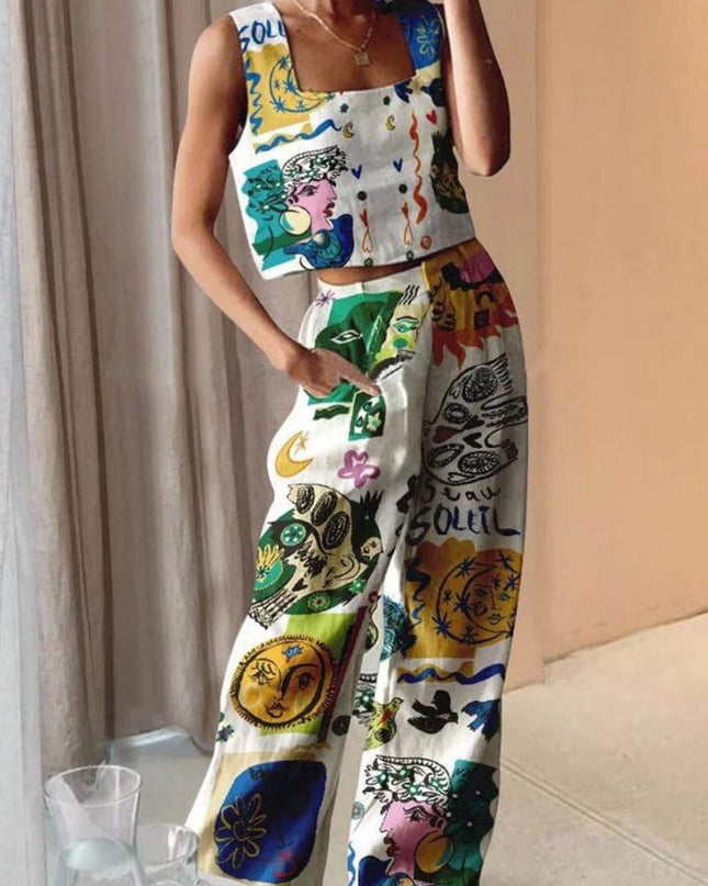 Benzersiz Baskı Tankı ve Sırtı Elastik Bel Cepli Pantolon Takım