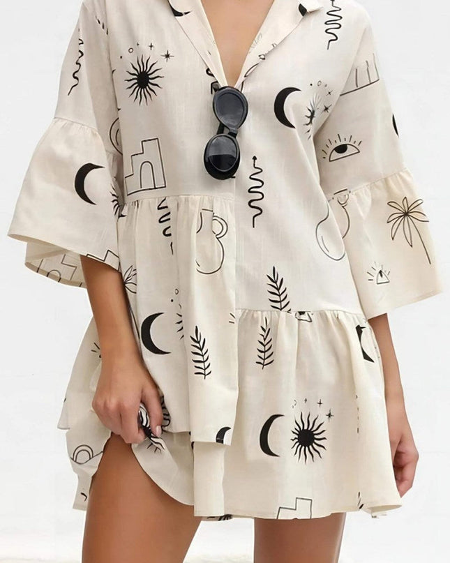 Etnik Stil Bol Gömlek Kısa Elbise