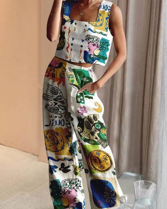 Benzersiz Baskı Tankı ve Sırtı Elastik Bel Cepli Pantolon Takım