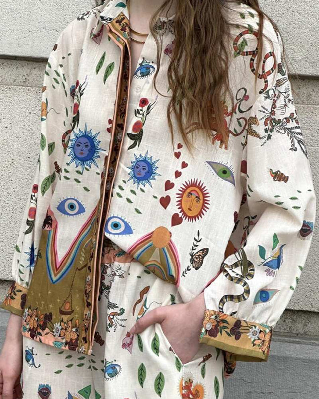 Öne Çıkan Etnik Desenli Bol Kesim Pantolon Takımı