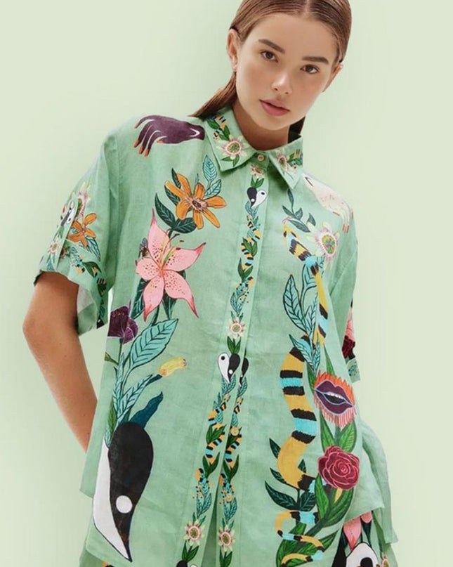 Benzersiz Etnik Desenli Bol Gömlek ve Şort Takımı