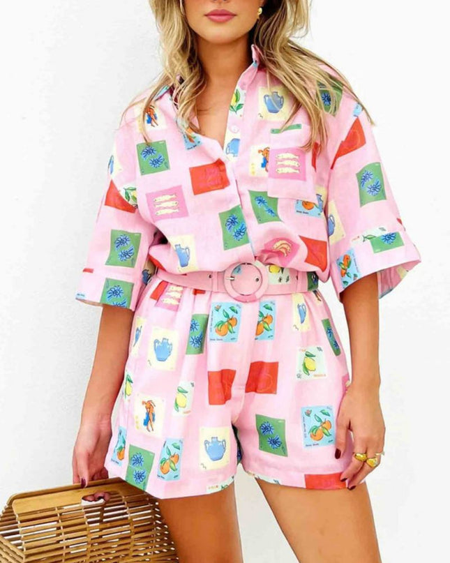 Şort Takım - Pembe Pul Desenli