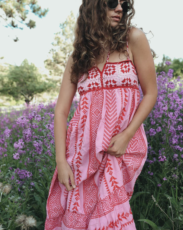 Naomi Baskılı İşlemeli Bağcıklı Askılı Midi Elbise