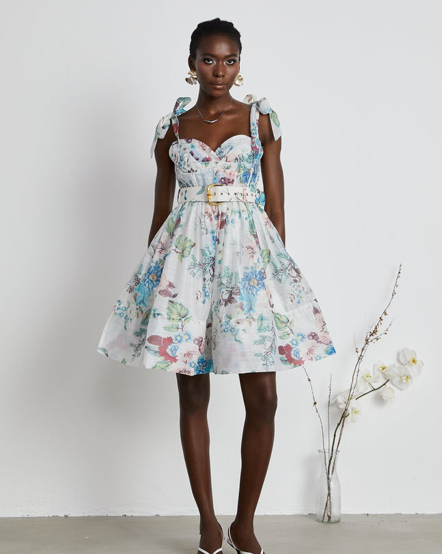 Ophelia Floreal Baskılı Kemerli Mini Elbise